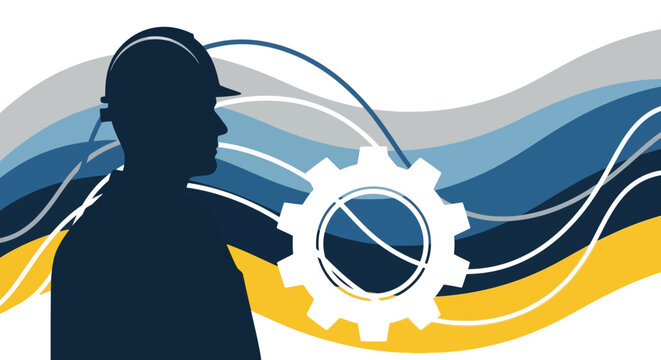 Silhouette of an engineer in a hard hat against a backdrop of flowing lines and a prominent gear, symbolizing industrial innovation and progress