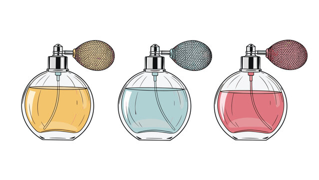 Set of three elegant round glass perfume bottles with colored liquid and atomizers for luxury fragrance and beauty products.