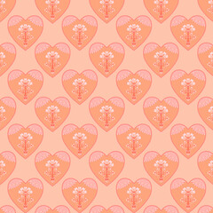 Fototapeta premium Floral Symmetry Simple delicate floral pattern Fantasy symmetrical geometric flowers in heart shaped frames, medallions, pendants Minimalist white, pink, peach colors
