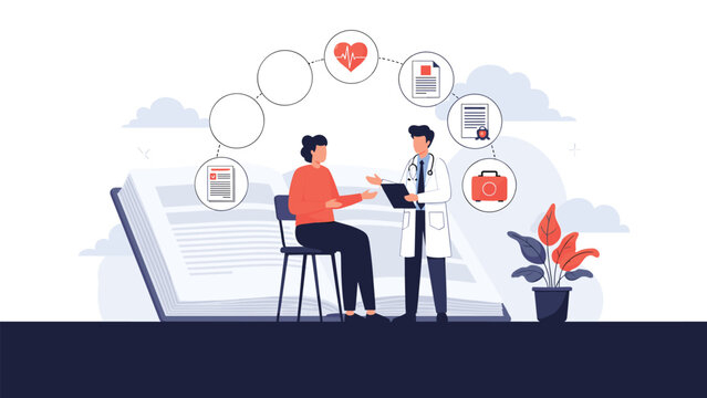 Professional medical consultation scene showing a doctor in a white coat talking to a patient with various health icons around.