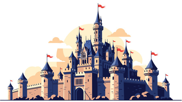 Large majestic stone castle with many blue towers and red flags standing tall against a bright yellow sunset sky and white clouds.