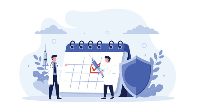 Medical professionals standing next to a large calendar with a shield and syringe for vaccination schedule concept.