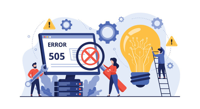 Technical support team working to fix a website error near a giant lightbulb with circuit board patterns for a creative concept.