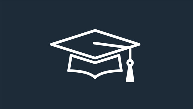 White line art illustration of a graduation cap with a tassel set against a solid and dark navy blue background.