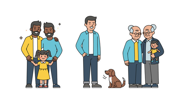Illustration of diverse family groups and individuals including a same sex couple with a child and elderly couple.