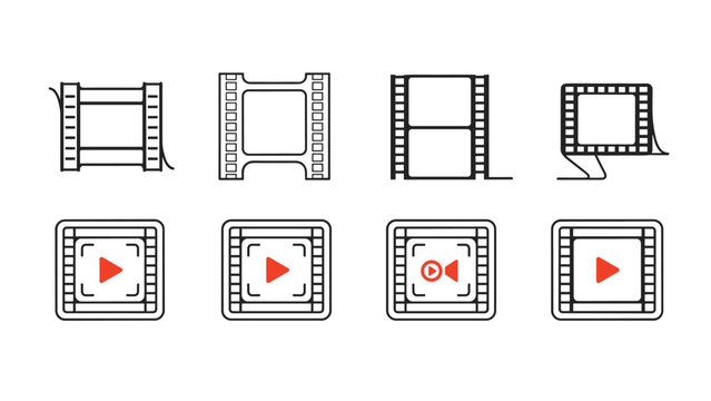 Set of diverse film strip frames and video player play button icons are displayed in a clean and organized graphic arrangement for media.