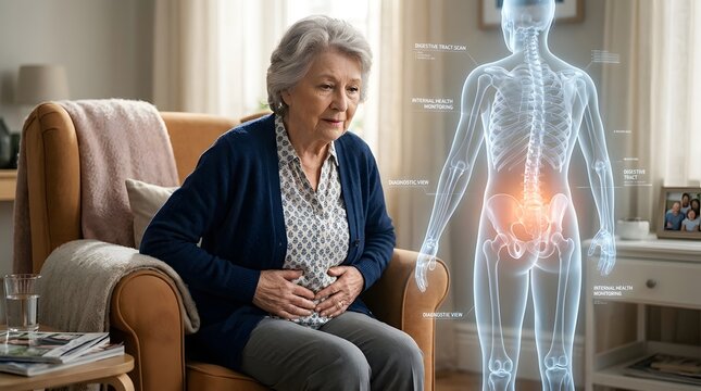 Senior woman experiencing abdominal pain with highlighted digestive system overlay, healthcare awareness symptoms diagnosis treatment care, medical condition discomfort 