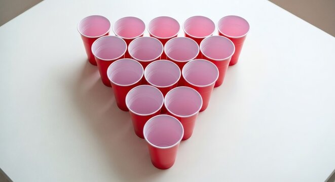 Red plastic cups arranged in triangle for beer pong game on white table perfect for Beer Pong Day.
