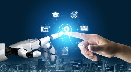 Fototapeta premium An AI assistant creates a personalized e-learning path for skill development. This smart education platform provides resources and training to enhance professional knowledge. Fermion