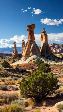 Desert landscape with unique rock formations and sparse vegetation