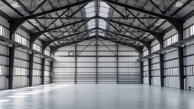 A large empty warehouse with a metal structure
