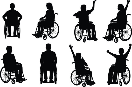 Wheelchair user silhouette collection illustration, disabled people poses set for accessibility and healthcare design