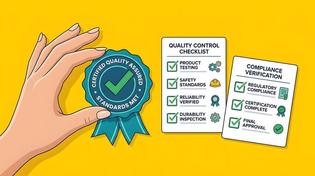 Hand holding quality assurance badge with checklists for control compliance standards and inspection process, certification management business reliability, performance verification