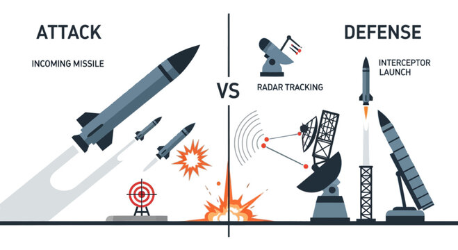 Missile Defense System Infographic with Radar Tracking and Interceptor Launch