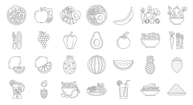 Variety of fruit icons line art.