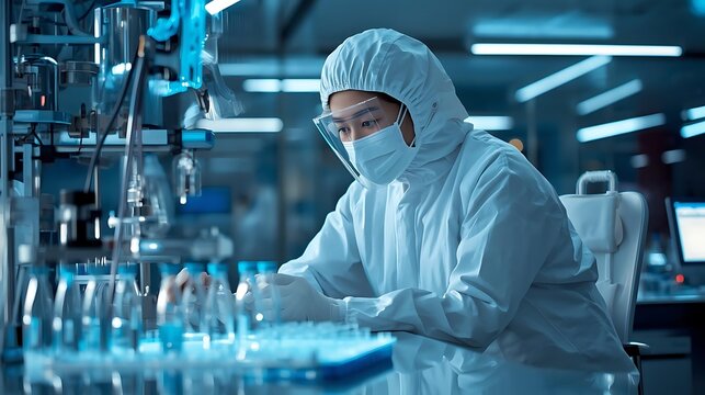 A person in a lab coat and goggles working in a laboratory