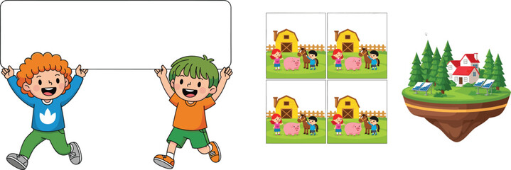 Fototapeta premium Happy children holding blank banner with farm scene puzzle and floating island landscape cartoon vector illustration collection