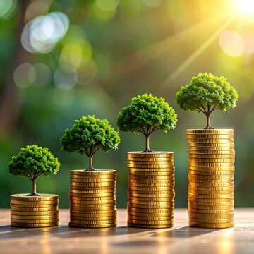 Four trees on stacked gold coins with sunny background