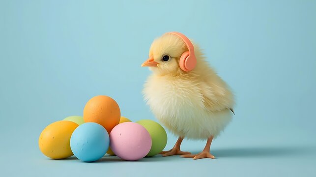 A small yellow chick wearing headphones next to colorful easter eggs
