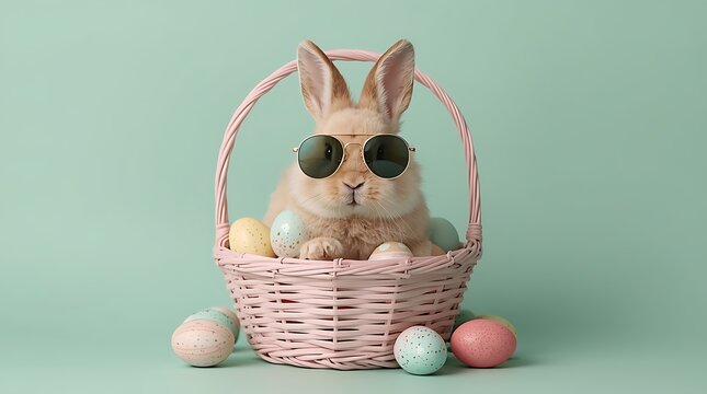 A bunny wearing sunglasses sitting in a basket