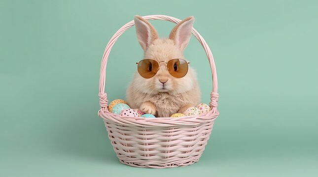 A white rabbit wearing sunglasses sitting in a basket