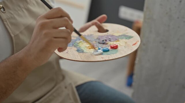 Man painter with curly hair and beige apron holds palette and brush, mixes blue red and yellow paint and dabs brush on canvas in studio; concentration.