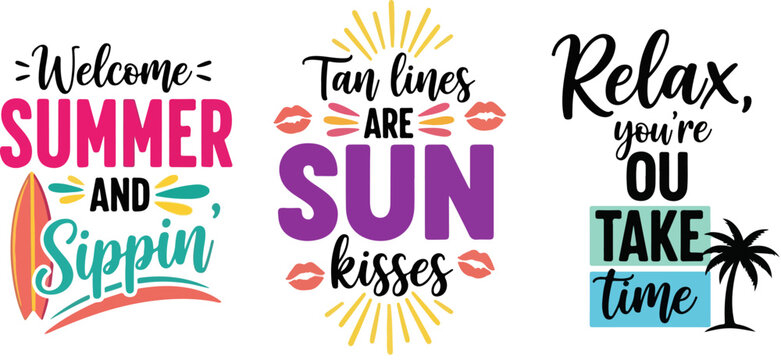 Summer vacation typography quotes set, tropical beach lifestyle slogans with surfboard and palm tree, colorful seasonal vector illustrations