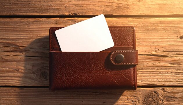 Brown leather wallet with blank white card on wooden surface