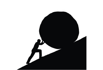 A lone figure struggles to push a large boulder uphill representing relentless effort silhouette © Sumon