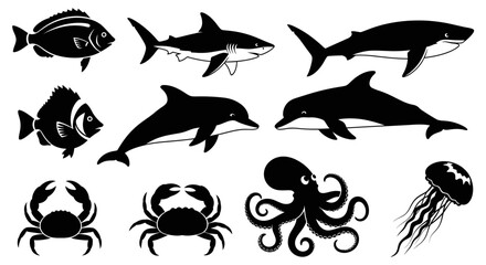 Fototapeta premium Set of Marine Animal Silhouettes Including Shark, Dolphin, Octopus, Crab, and Jellyfish Vector Icons