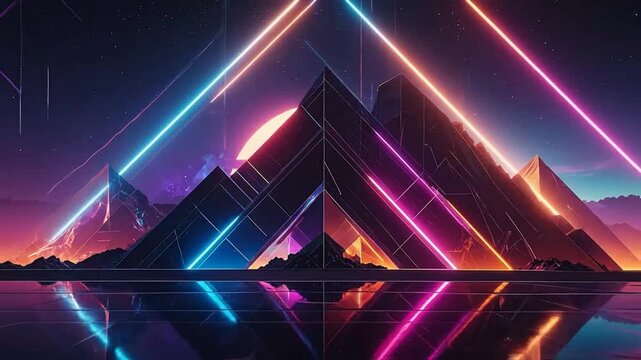 Abstract geometric mountain landscape with neon lights and a vibrant, colorful background.