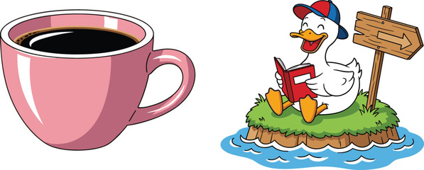 Coffee cup beverage and cute duck reading book on island with direction sign cartoon vector illustration collection © Jahangir