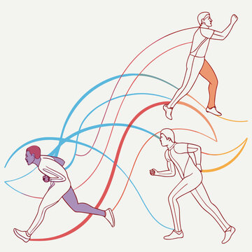 Hand drawn style illustration of three marathon runners in various poses with colorful abstract flowing ribbons representing speed and endurance.