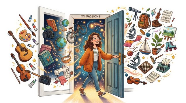 A girl walks through a door with many items around her showing different hobbies and interests