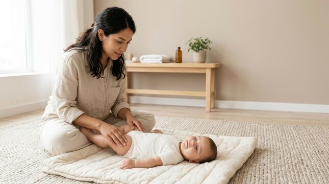 A mother interacts with her baby on a mat in a light room with soft sunlight and simple furniture