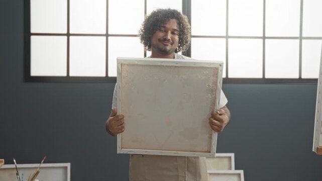 Man painter holds canvas to chest, hands hugging the frame in studio, smiling and presenting blank artwork; pride.