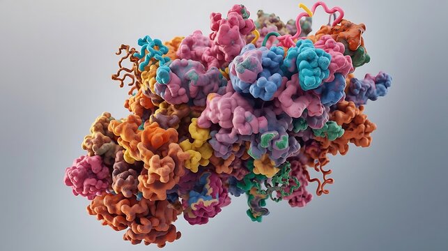 A colorful protein structure with many different colored molecules