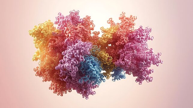 A colorful protein structure on a pink and grey background