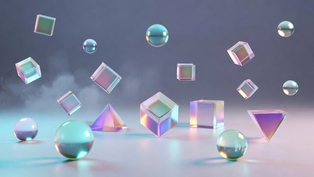 Glass spheres and cubes float in soft, iridescent light. Pastel hues shimmer across smooth, reflective surfaces. Abstract shapes drift in tranquil, misty atmosphere. Ideal for futuristic, digital