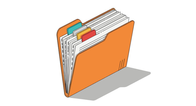 Isometric vector illustration of an open orange office file folder filled with organized documents and colorful index tabs, representing business administration and management.