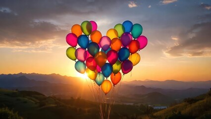 Fototapeta premium Colorful balloons form a heart above mountains at sunset. Sunlight glows warmly behind the cluster. Dreamy, hopeful, and whimsical atmosphere fills the sky. Perfect for romantic, celebratory