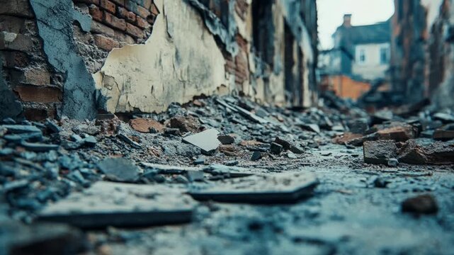 Destroyed street in a war-torn city with rubble and debris from bombed buildings