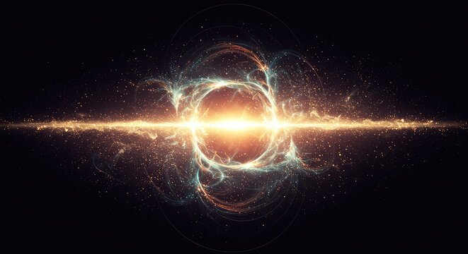 Abstract visualization of complex quantum energy fields showing swirling light, dynamic particles, and cosmic forces in deep space, physics, particle, science