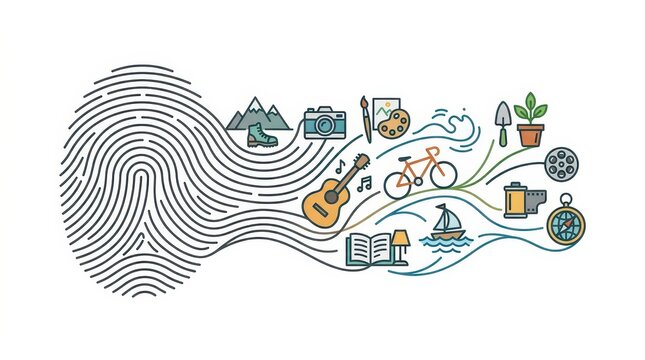 A design unites diverse hobbies and activities, showcasing creativity and varied interests