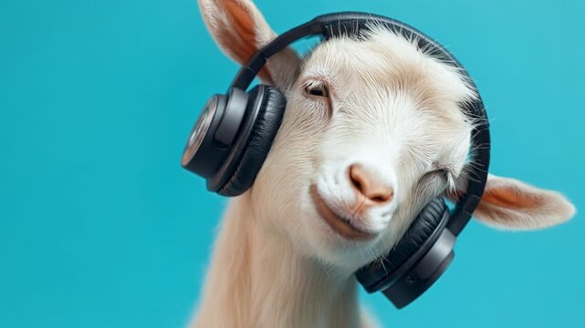 Cute white goat wearing headphones, closing its eyes and smiling while enjoying music