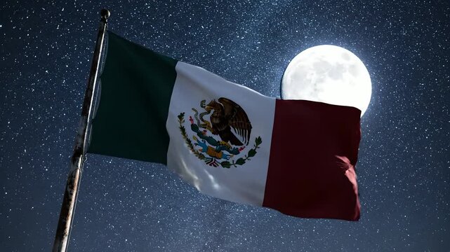 Bandera de M&eacute;xico ondeando bajo la luna llena y cielo estrellado, celebraci&oacute;n del Cinco de Mayo y orgullo nacional mexicano, fondo nocturno dram&aacute;tico para eventos patri&oacute;ticos.