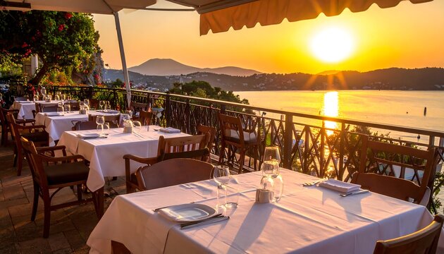 An outdoor restaurant scene with white tablecloths, chairs, and silverware set against the backdrop of a sunset over the water and mountains