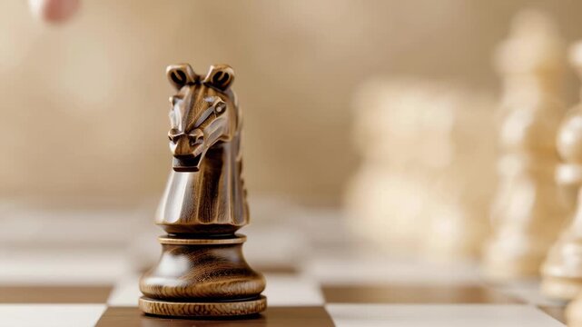 A bronze chess knight stands on the board, with the background blurred.