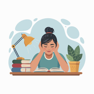 Stressed woman studying at desk with books and lamp