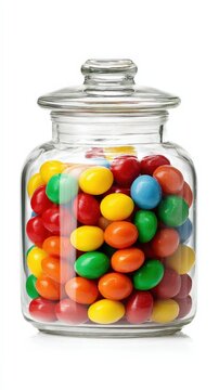 Colorful candy jar filled with assorted chocolate confections in glass container
